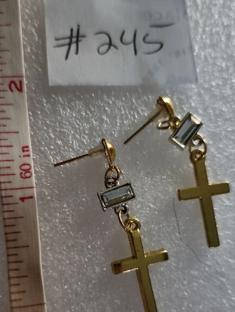 Hand Crafted Gold Cross Drop Earrings with Clear Stone